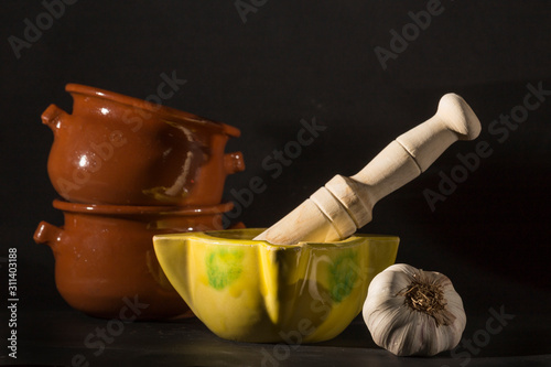 garlic, almirez and clay bowls photo