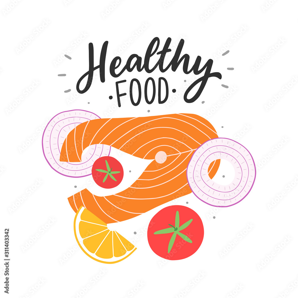 Red fish with onion, tomato, and lemon, fresh healthy food illustration. Healthy food hand drawn lettering.