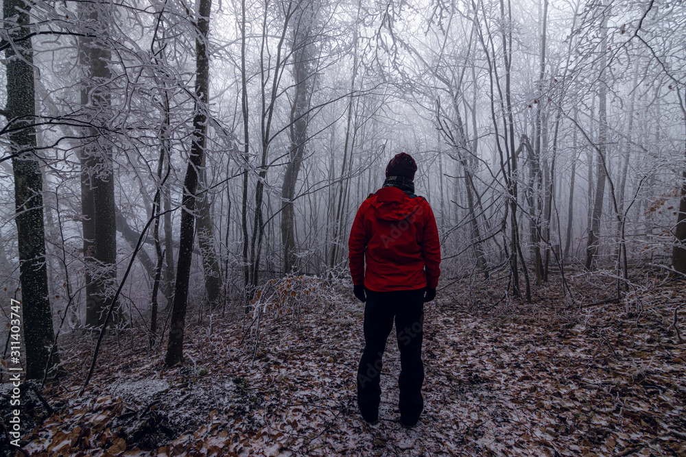 Young man in a red jacket standing in a forest covered in frost