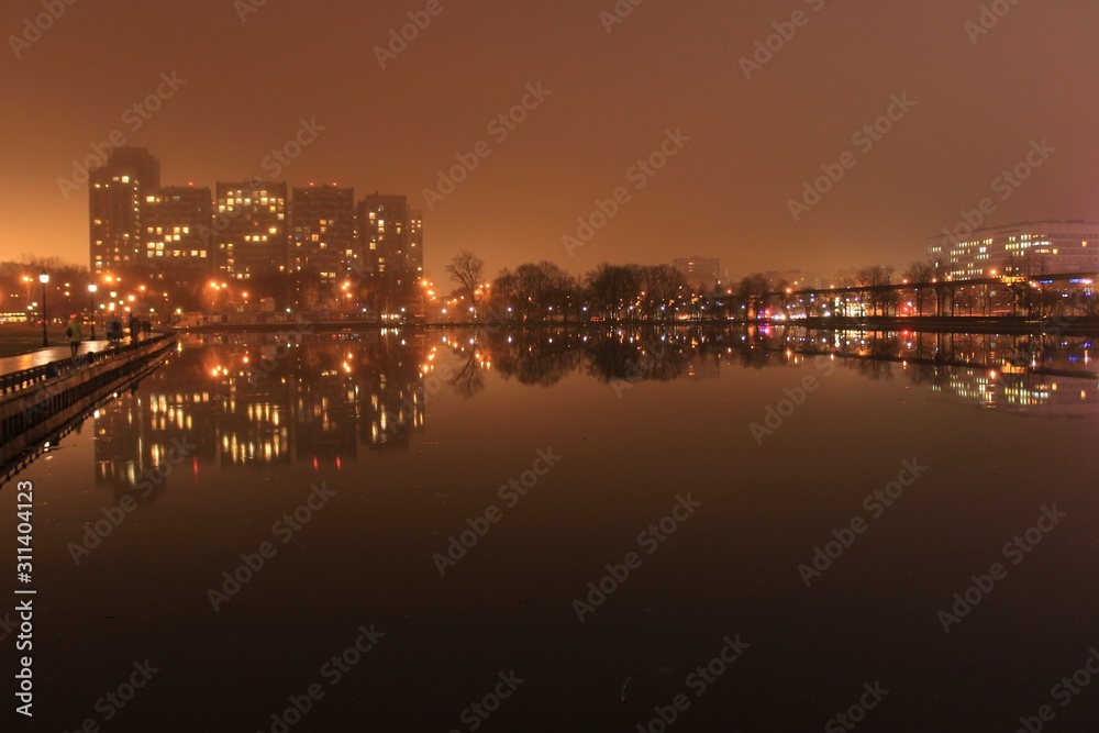 View of a large lake and buildings in the city. Moscow. Russia.