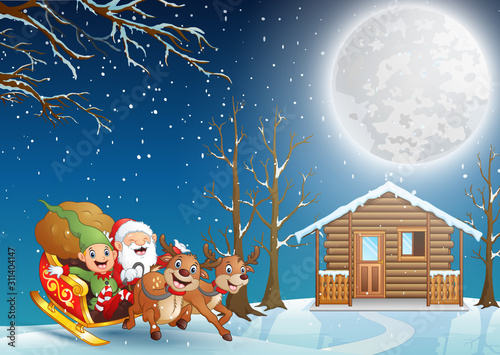 Cartoon santa claus riding his sleigh at the christmas night	
