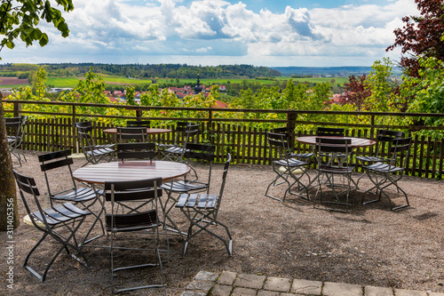 Outdoor cafe overlooking bavarian langscape at Romantic Road in Germany
