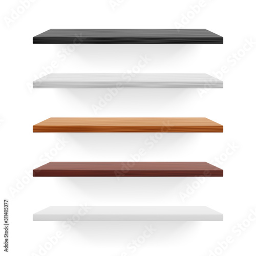 Fototapeta Naklejka Na Ścianę i Meble -  Realistic wooden shelf set. Isolated black, white and brown vector shelves.