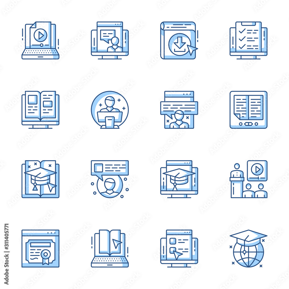Elearning, remote education linear vector icons set. Webinar, Internet lesson, video tutorial contour symbols isolated pack. Online course, school distance class thin line illustrations Elearning, remote education linear vector icons set. Webinar, Internet lesson, video tutorial contour symbols isolated pack. Online course, school distance class thin line illustrations