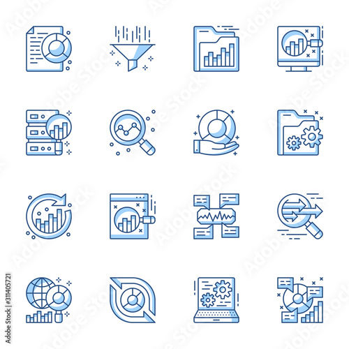 Data analytics linear vector icons set. Statistics research, charts and graphs analyzing contour symbols isolated pack. Lead generation, marketing funnel thin line illustrations collection