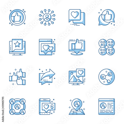 Social media communication linear icons set. Internet conversation, online chatting contour symbols isolated pack. Social networks like, positive feedback, message thin line illustrations collection