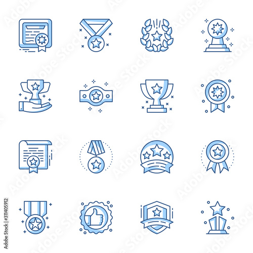 Achievement and goals linear vector illustrations set. Winner award, sport championship trophy contour symbols isolated pack. Laurel wreath, medal thin line illustrations collection