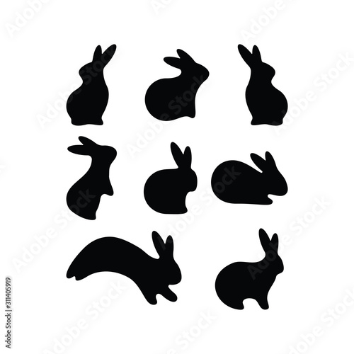 Vector Simple Easter Rabbit icon Set. Black Bunny, Hare Set. Seasonal postcard, tag, sticker. Livestock animal logotype. Flat style