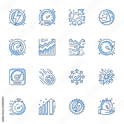 Time management, optimization and productivity linear vector icons set. Progress and organization contour symbols isolated pack. Power, speed, boost thin line illustrations collection