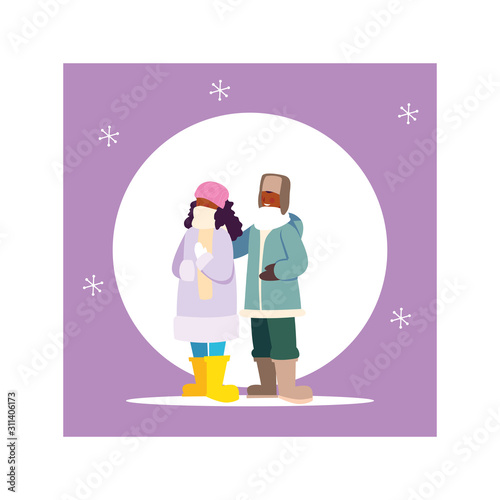 romantic scene of couple with winter clothes © djvstock