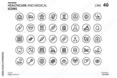 Medical icon set in outline style. Vector logo design template. Modern design icon, symbol, logo and illustration. Vector graphics illustration and editable stroke. Isolated on white background.