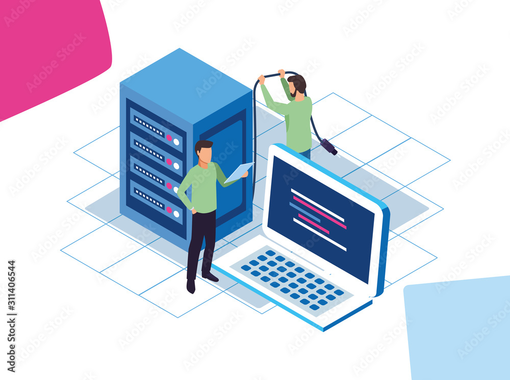 big data colorful design with men with laptop computer and data center server big data colorful design with men with laptop computer and data center server