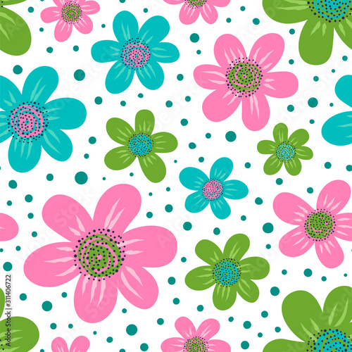 Seamless vector pattern with flowers in cute color palette. Floral background.