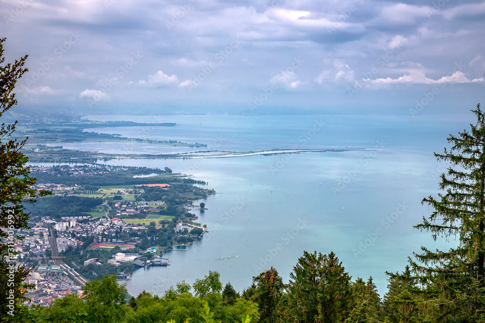 Aerial view from Pfander to Bodensee/ Lake Constance with historical cities of Lindau and Bregenz