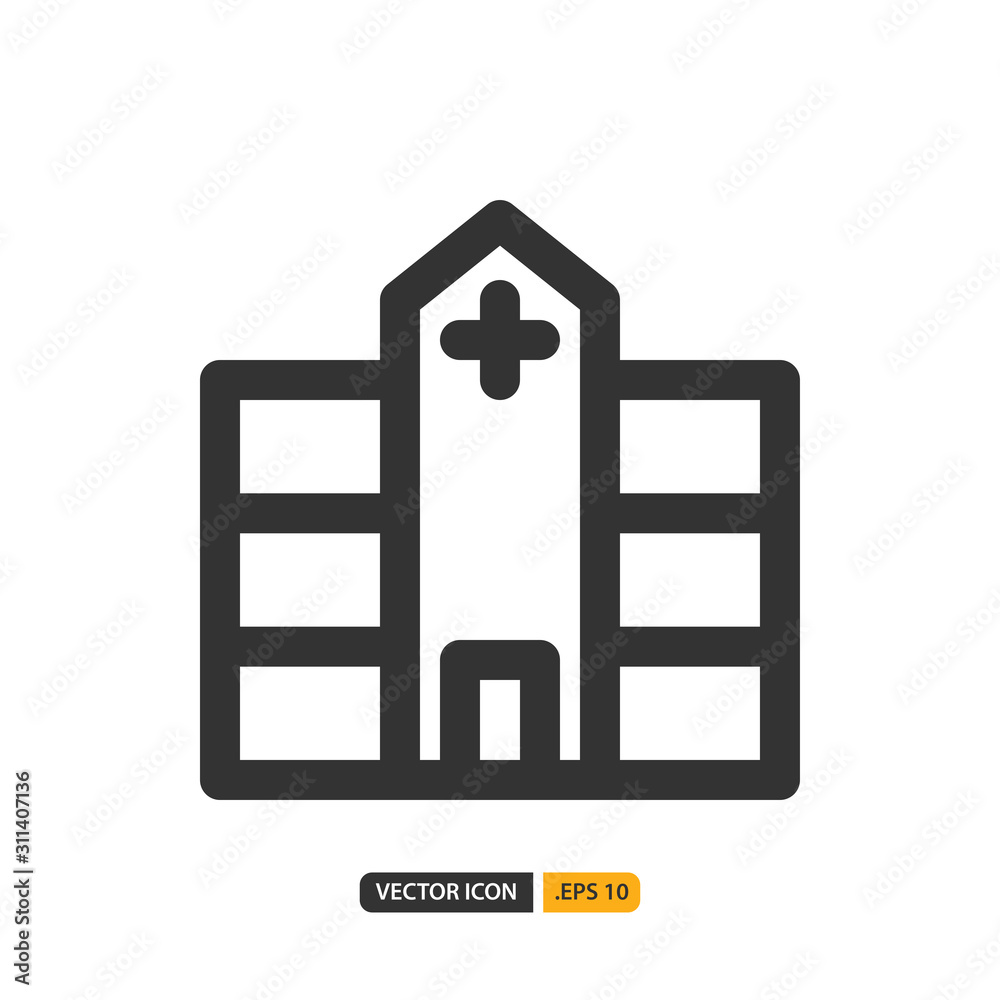 Hospital icon in line style. Vector logo design template. Modern design icon, symbol, logo and illustration. Vector graphics illustration and editable stroke. Isolated on white background. Hospital icon in line style. Vector logo design template. Modern design icon, symbol, logo and illustration. Vector graphics illustration and editable stroke. Isolated on white background.