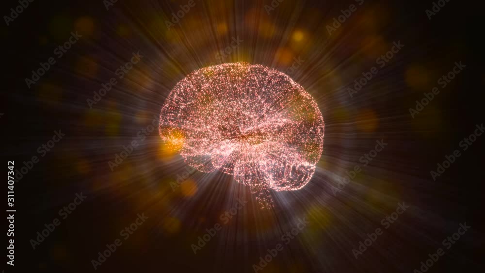 4k video scheme of abstract colorful brain and bokeh balls on black background. Creative mind concept.