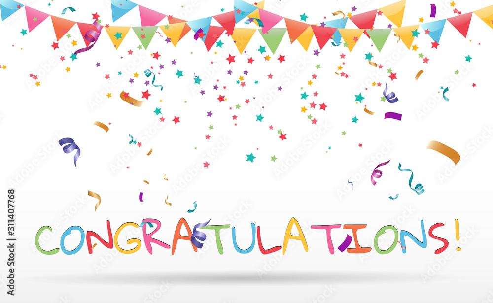  Congratulatory banner with colored confetti and stars on a transparent background.Vector illustration.