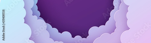 Night sky panorama in paper cut style. Cut out 3d horizontal background with violet and blue gradient cloudy landscape papercut art. Cute origami clouds. Vector card for wish good night sweet dreams.