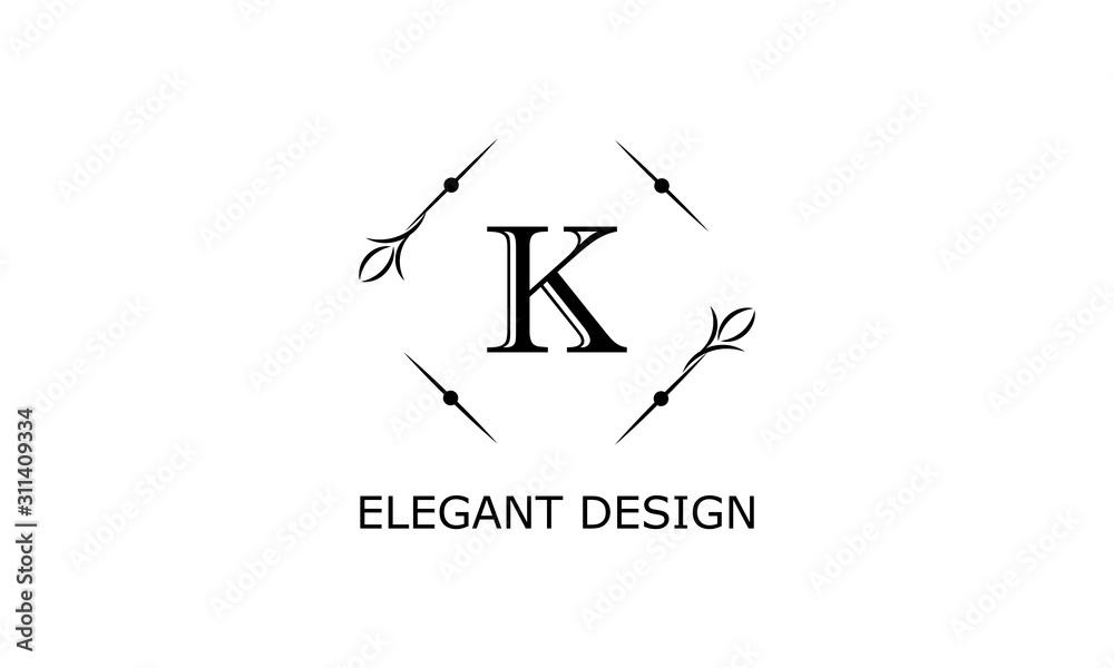 Monogram with elegant letter K. Vector logo on a white background. Floral logo