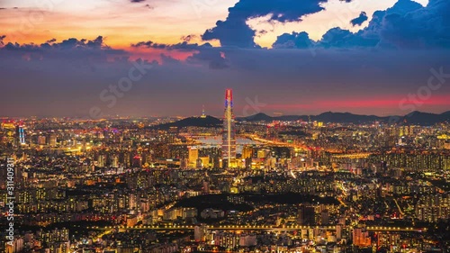 Time lapse of South Korea skyline at Seoul, The best view of South Korea with Lotte world mall at Namhansanseong Fortress.