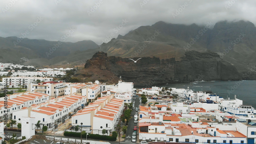 Aerial view of Agaete, Gran Canaria, Spain. A small port city off the coast of the Atlantic Ocean
