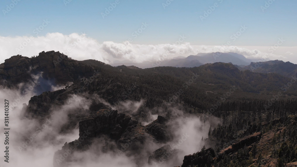 Stunning cinematic view from a height - a drone flying over a valley on the island of Gran Canaria: pine forest, volcanic land and beautiful mountains Stunning cinematic view from a height - a drone flying over a valley on the island of Gran Canaria: pine forest, volcanic land and beautiful mountains