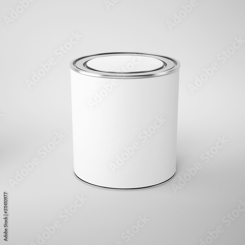 Paint can with a lid on grey background, white label, template for design and advertising. 3d illustration.