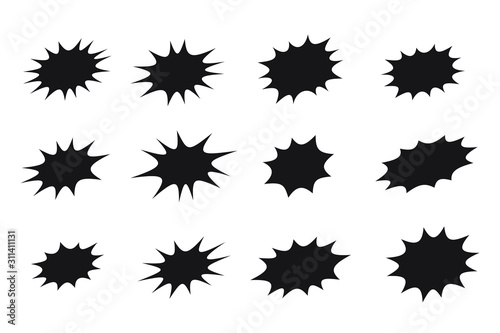 Splash star icon set in flat style. Set of explosion background for a surprising and shocking moment with sample texts. photo
