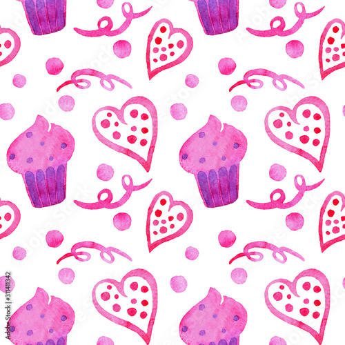 Hand drawn watercolor seamless pattern illustration of pink cupcakes with violet spots and hearts, swirl isolated on white background. Romantic design for wallpaper, wrapping, textile, wedding, St Val