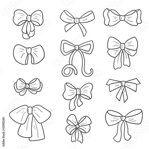 Set of tied bows in doodle style. Outline festive bow in various shapes. Easy to change color inside of objects.