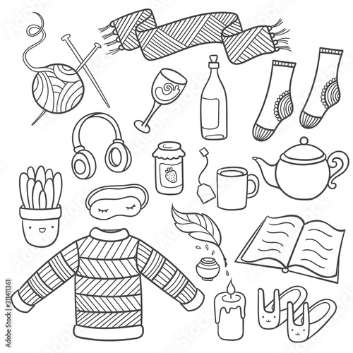 Set of cozy objects in doodle style. Hugge elements for cold season. Easy to change colors inside of objects.