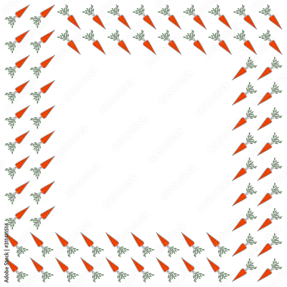 Obraz premium Square frame for text made from contour carrots drawn in one line with substrates of the color of lush lava on a white background. Vector.