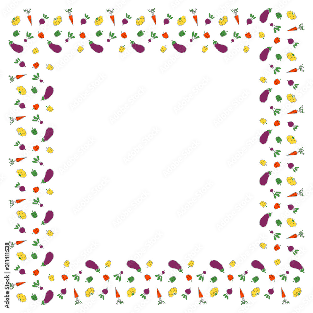An isolated square frame of contour vegetables drawn in one line. Carrots, bell peppers, radishes, beets, squash, eggplant with colored substrates. Space for text, advertisement, banner.  Vector.