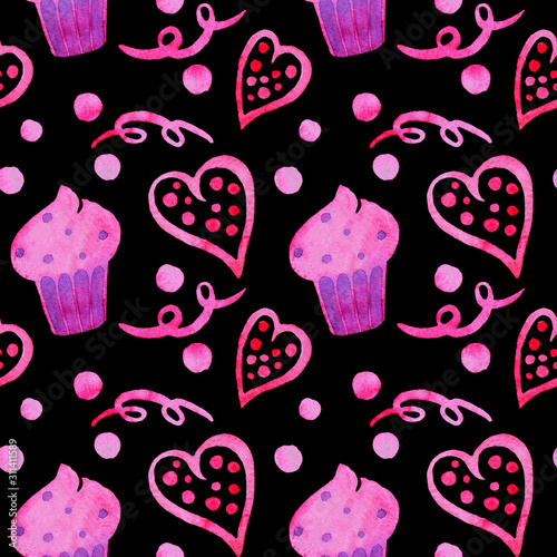 Hand drawn watercolor seamless pattern illustration of pink cupcakes with violet spots and hearts, swirl isolated on black background. Romantic design for wallpaper, wrapping, textile, wedding, St Val