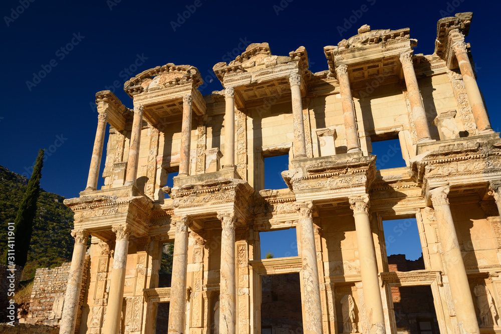 Morning sun on the ruins of the facade of the Roman Library of Celsus in ancient Ephesus Turkey