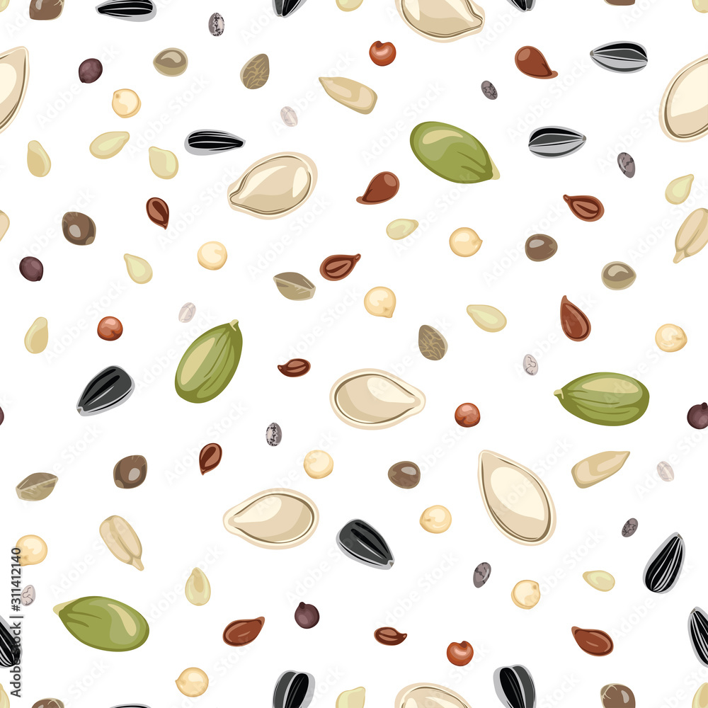 Different seeds on a white background seamless pattern. Vector illustration  of Sunflower, pumpkin, sesame, flaxseed, quinoa and hemp seeds in cartoon  flat style. Organic natural food. Stock Vector | Adobe Stock