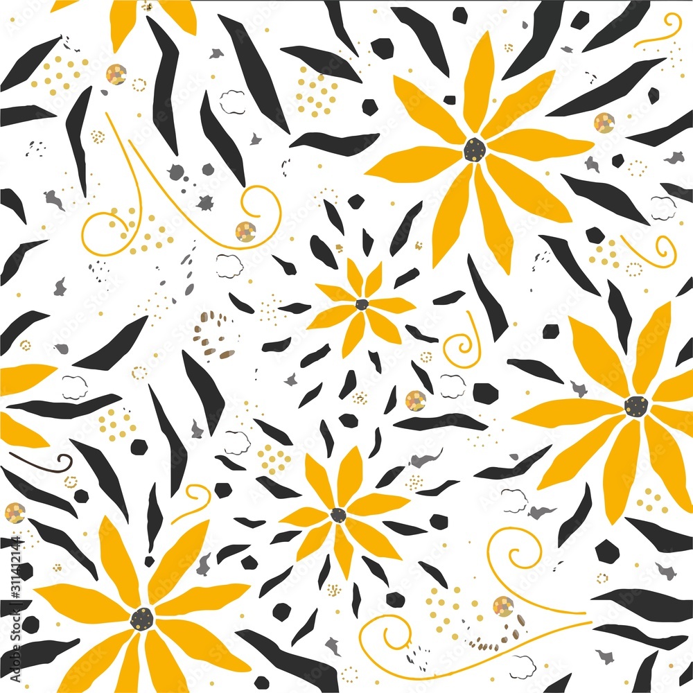 Seamless Floral Pattern with hand drawn yellow flowers