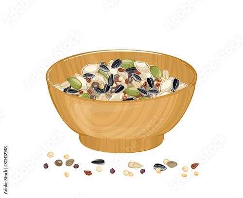Seeds in wooden bowl. Vector illustration of different seeds in cartoon flat style. Organic healthy food.