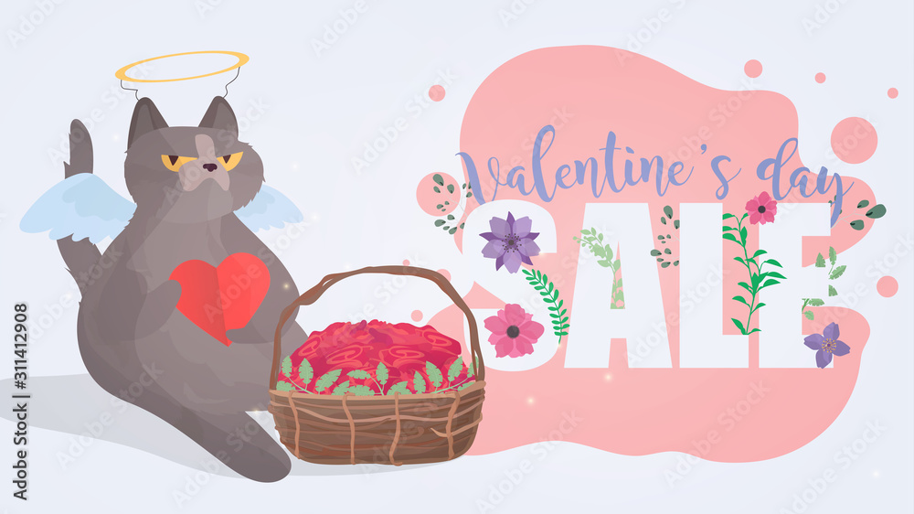 Fototapeta premium Valentine's day sale. Valentine's Day celebration. Flower font. Funny gray cat in the image of a cupid. A cat with a serious look. Chubby cat with an arrow. Concept for the day of lovers. Vector 