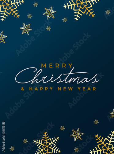 Christmas greeting card, invitation card with golden snowflakes on a blue isolated background