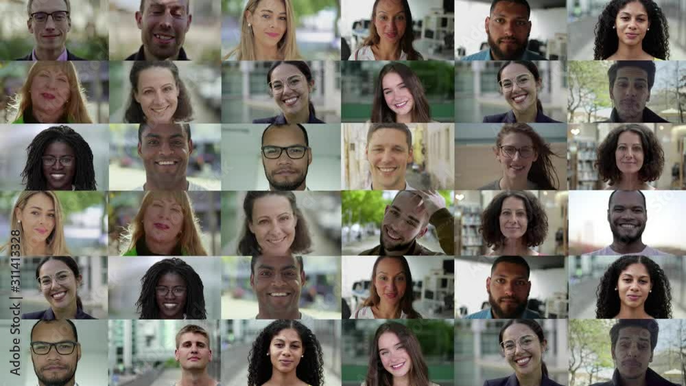 Collage of men and women smiling at camera. Multiscreen montage of cheerful diverse people posing and smiling at camera. Facial expression concept
