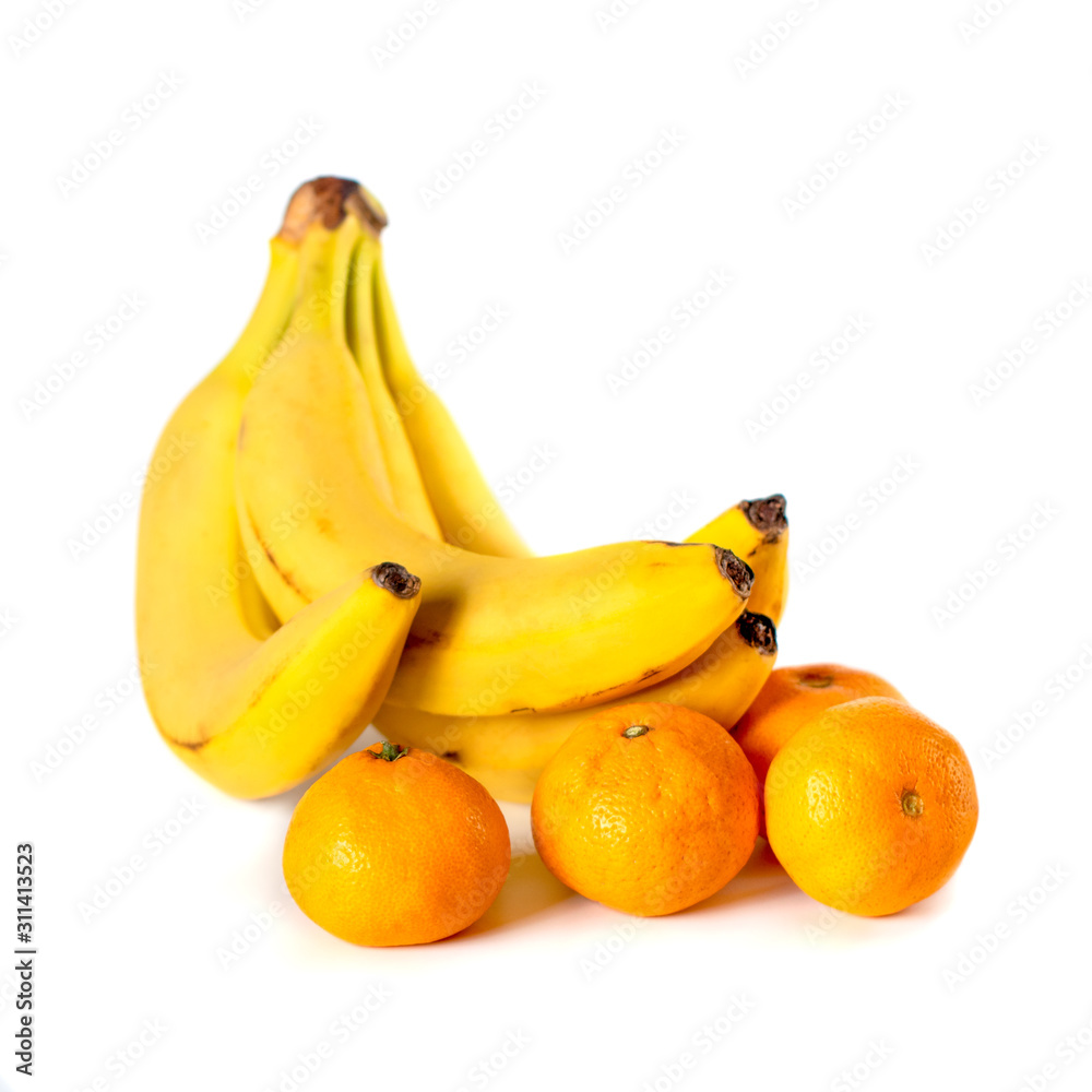 bananas and tangerines isolated on white background. bananas and tangerines isolated on white background.