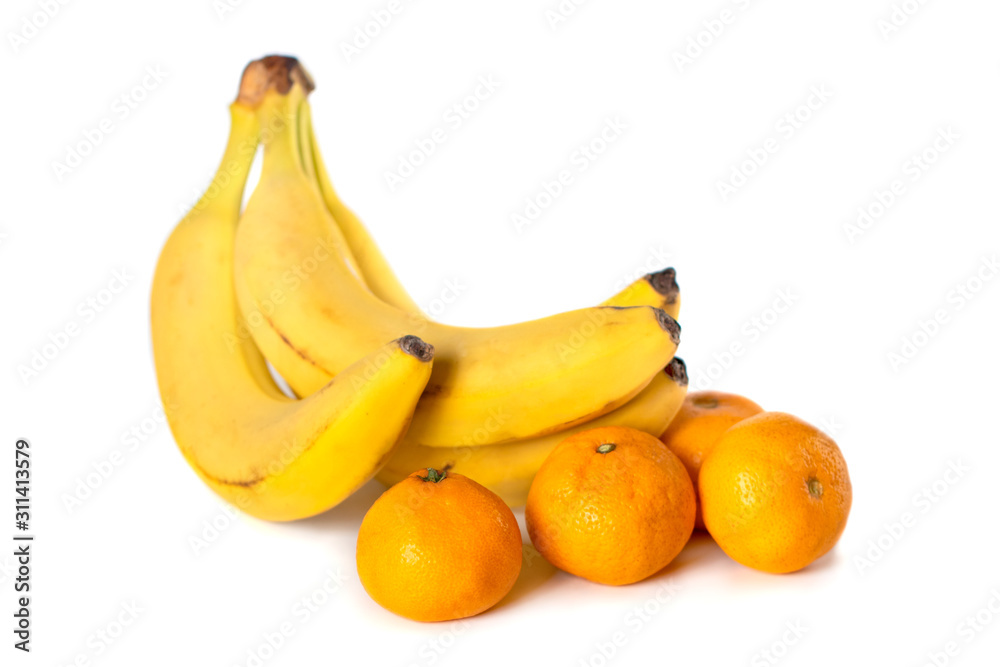bananas and tangerines isolated on white background. bananas and tangerines isolated on white background.