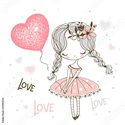 Cute little girl with a balloon in the form of a heart. Valentine. Vector.