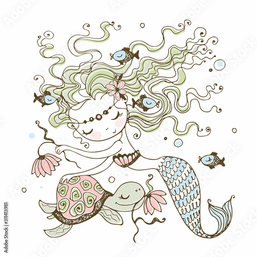 A cute little mermaid with a turtle. Doodle style. Vector.
