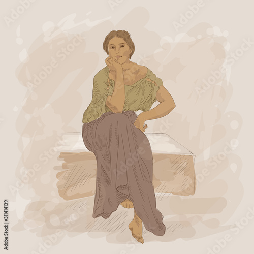 An ancient Greek woman in a tunic sitting on a stone parapet. Vector image on beige background.
