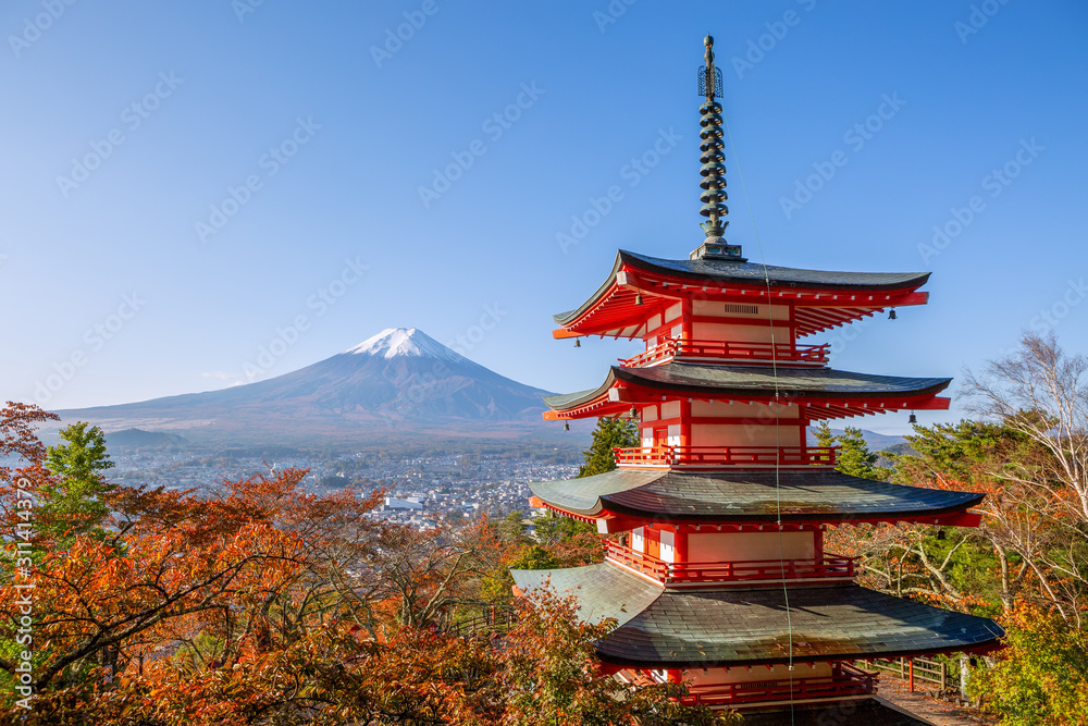 Fuji with Chureito Pagoda in autumn, Fujiyoshida, Japan