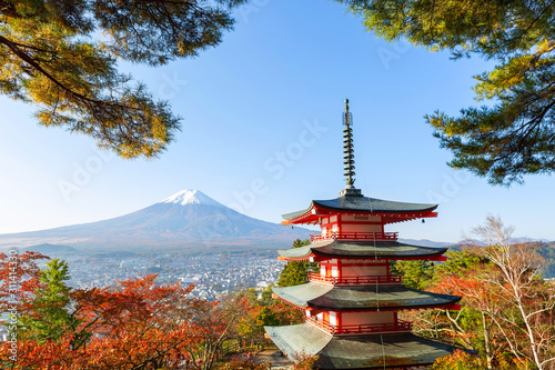 Fuji with Chureito Pagoda in autumn  Fujiyoshida  Japan