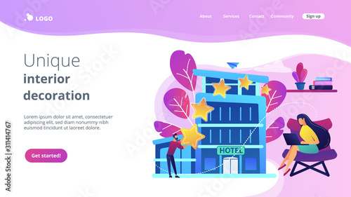 Business people with rating stars for design hotel architecture and interior. Design hotel, modern architecture, unique interior decoration concept. Website vibrant violet landing web page template.