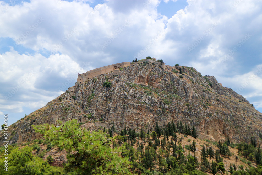 Mountain with the old Palamidi impregnable fortress on the top, Nafplio, Peloponnese, Greece